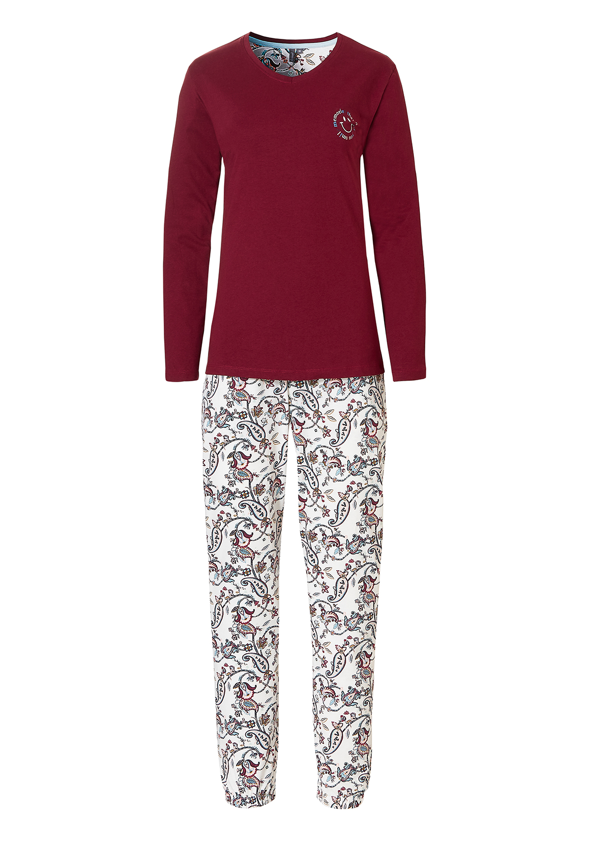 By Louise By Louise Dames Pyjama Set Lang Katoen Bordeaux Met Bloemen Print Top Merken Winkel